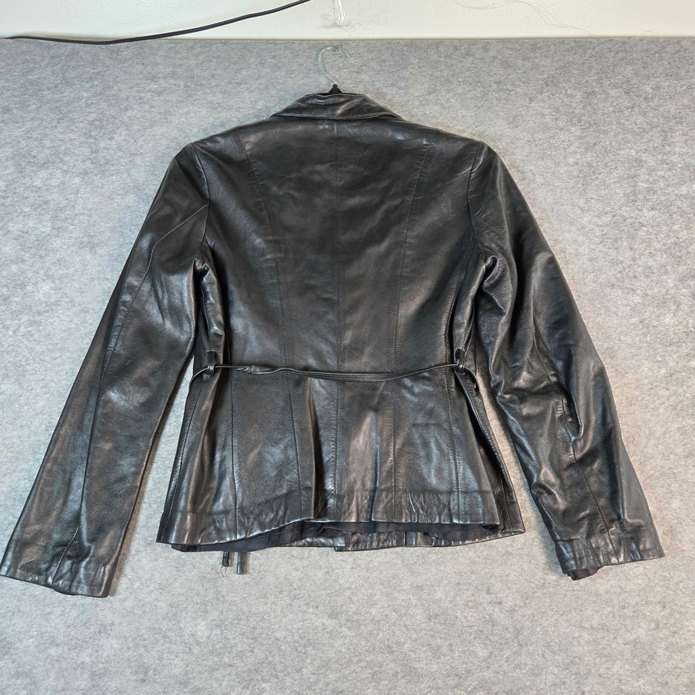 Y2K Banana Republic Womens Black Genuine Leather Belted Blazer Jacket 6 - Picture 3 of 5